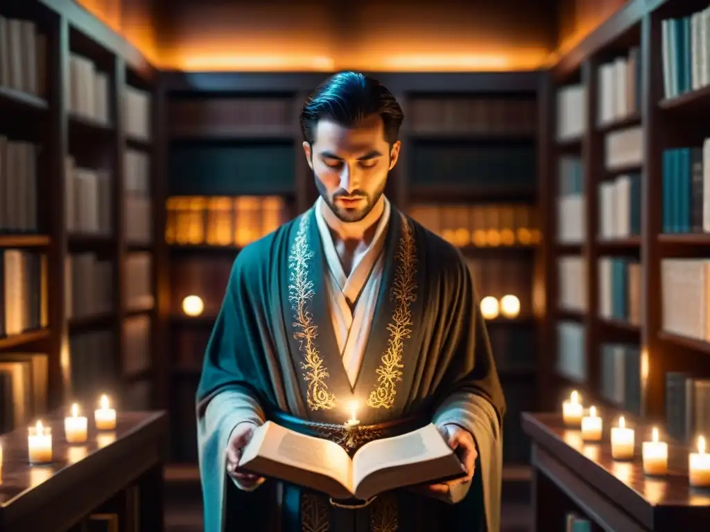 Un misterioso ser en una biblioteca iluminada por velas, rodeado de libros antiguos y runas brillantes