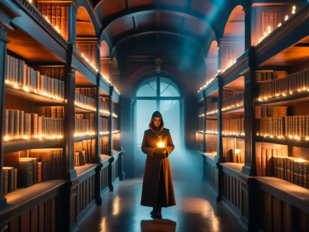 Un misterioso bibliotecario estudia un libro brillante en una antigua biblioteca iluminada por antorchas