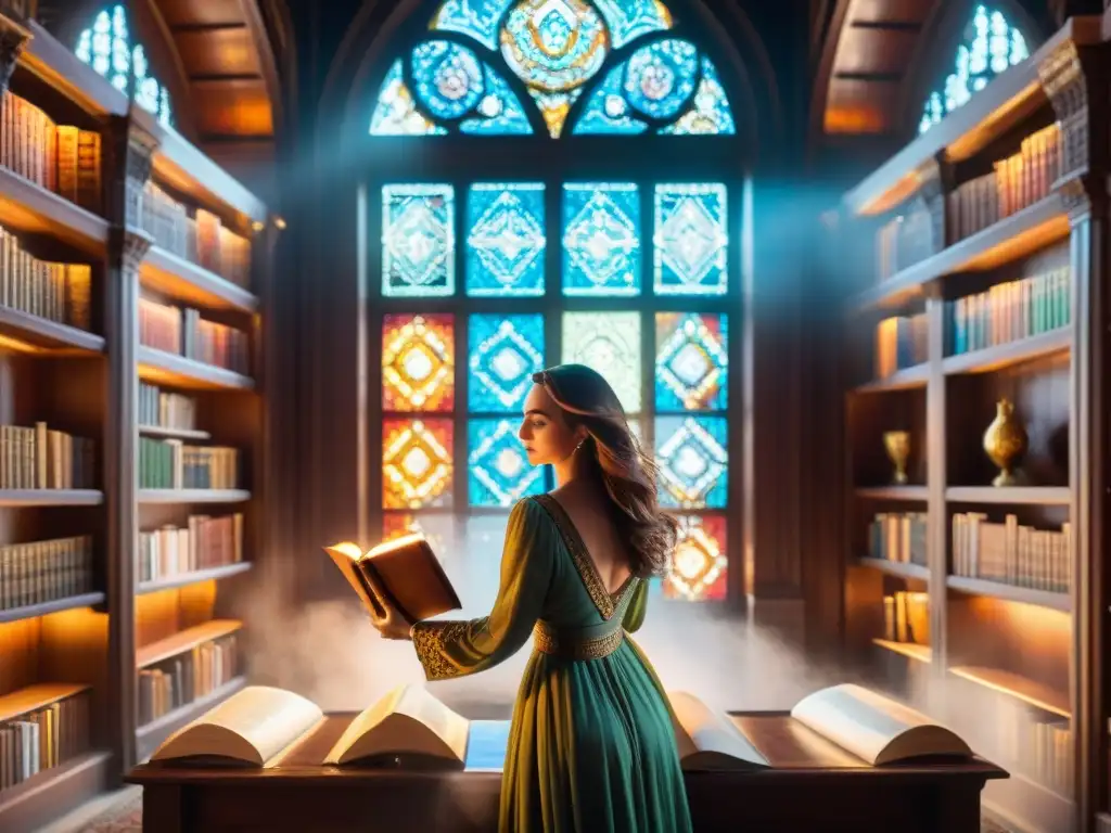 Biblioteca mágica con libros flotantes y misteriosos Un misterioso bibliotecario toca un libro luminoso con runas en una antigua biblioteca llena de magia literaria