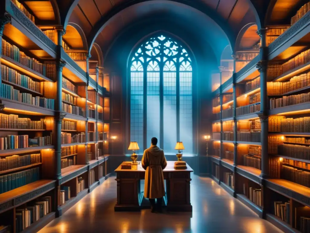 El misterioso bibliotecario estudia libros antiguos en una biblioteca celestial