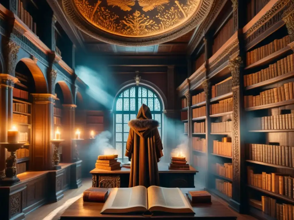 Un misterioso escribano crea mundos ficticios en una biblioteca antigua iluminada por velas, perfecta para análisis historias