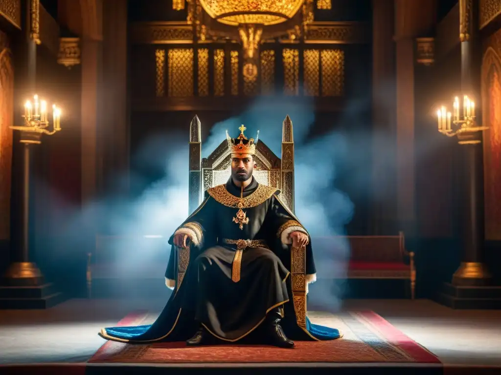 Un misterioso gobernante en un trono, tapado en sombras, en un salón medieval