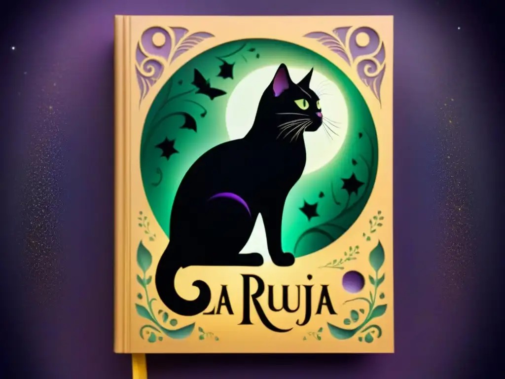 Un misterioso libro de brujería y magia con un gato negro y la luna llena en el fondo