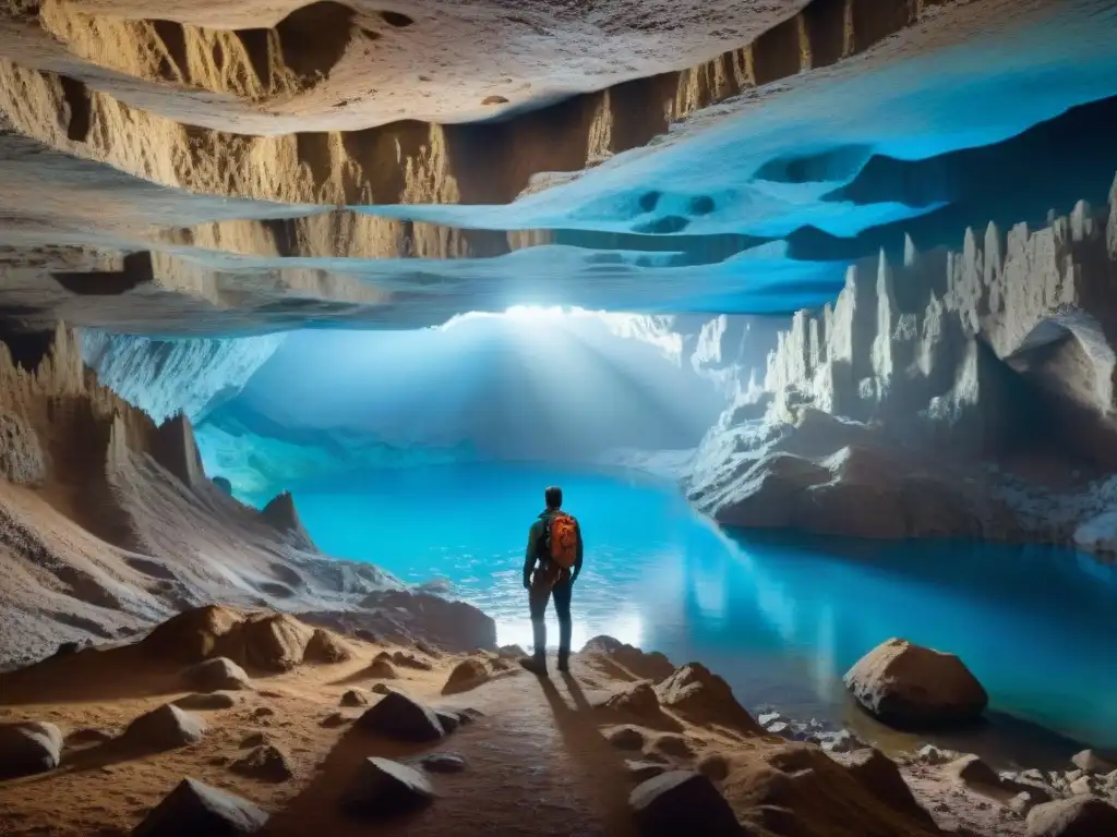 Maravilla subterránea: Cámara en Las Cavernas de Aglarond Un misterioso mundo subterráneo iluminado por cristales azules, un lago brillante, exploradores maravillados