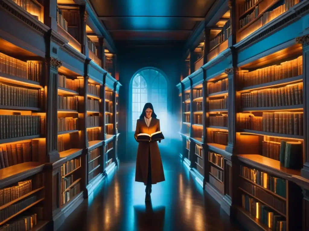 Un misterioso y oscuro escenario en una biblioteca llena de libros antiguos brillando con una luz mágica