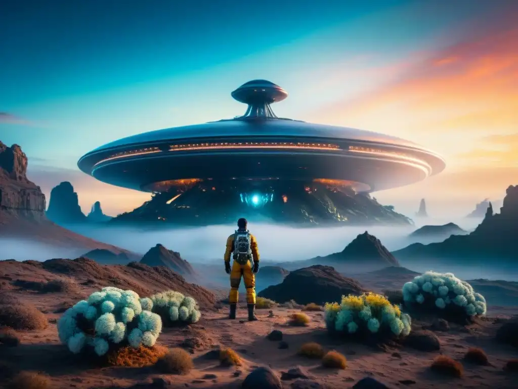 Misterioso paisaje alienígena con origen alienígenas en ciencia ficción, plantas iridiscentes y nave espacial brillante al atardecer