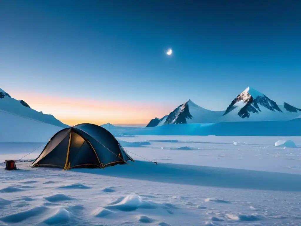 Un misterioso paisaje antártico bajo la luz de la luna llena, con un tentáculo de expedición en primer plano