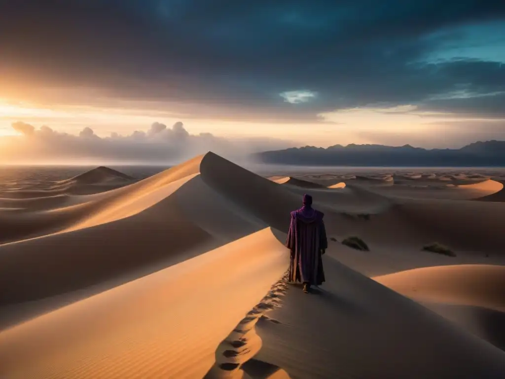 Un misterioso paisaje desértico con dunas doradas, ruinas antiguas y una figura solitaria