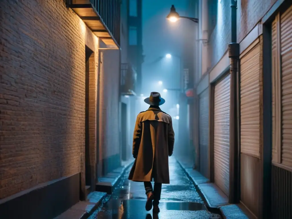 Un misterioso personaje con abrigo largo y sombrero en un callejón oscuro de la ciudad moderna de noche