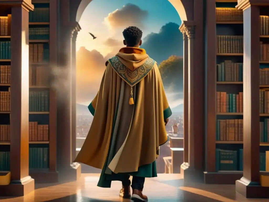 Un misterioso personaje en un atardecer dorado, sobre una imponente biblioteca con libros antiguos