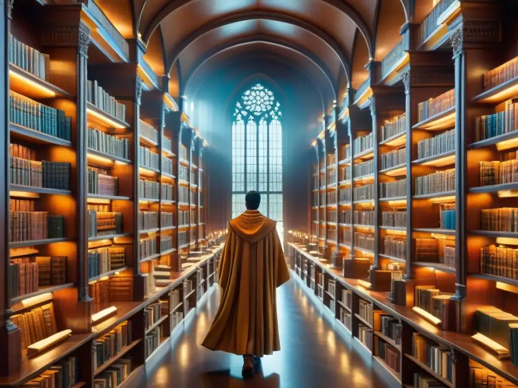 Un misterioso personaje en una biblioteca antigua iluminada por luz dorada, con libros de cuero y polvo flotando en el aire