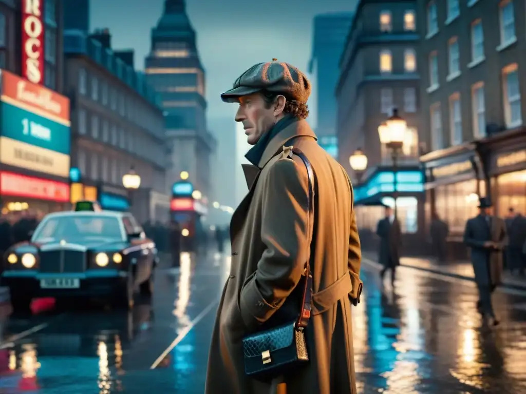 Transformación de Sherlock Holmes análisis: Misterioso personaje en la ciudad nocturna, bajo la lluvia