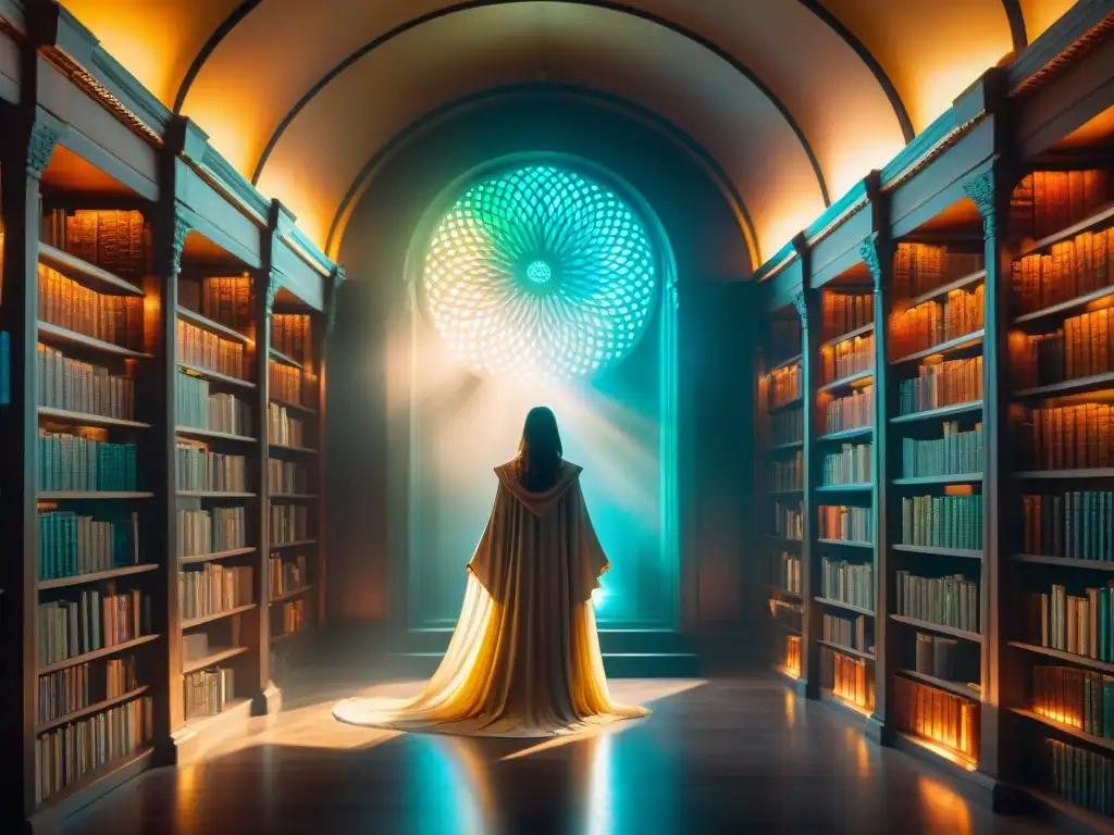 Un misterioso portal brilla en una biblioteca antigua repleta de libros, evocando dimensiones paralelas en mundos ficticios