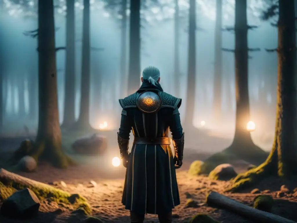 Un misterioso ritual en el bosque de 'El Witcher', con una figura en sombras sosteniendo un orbe brillante