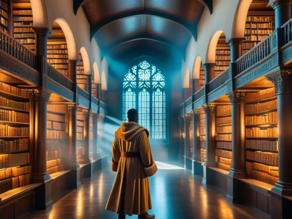 Un misterioso santuario de libros antiguos iluminado por luz celestial