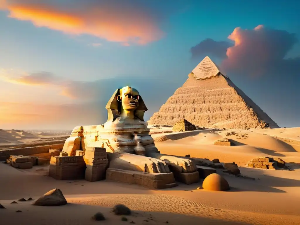 Escultura evolución del misterioso Sphinx de Giza en el crepúsculo, con jeroglíficos detallados y un aura enigmática