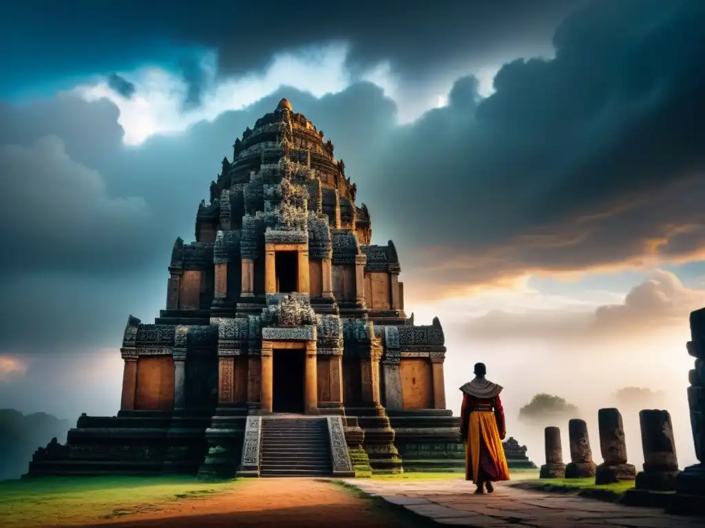 Un misterioso templo antiguo emerge entre la niebla, con pilares adornados y una figura solitaria en primer plano
