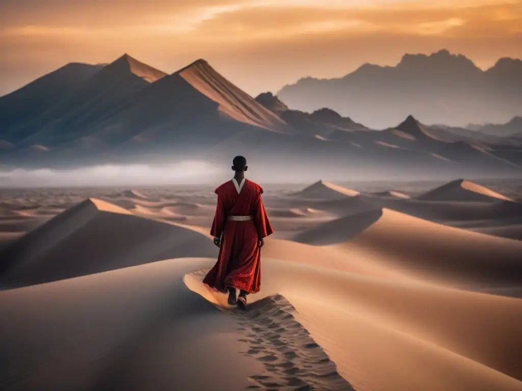 Un misterioso viajero avanza hacia una montaña en un desierto, con ruinas antiguas entre las dunas