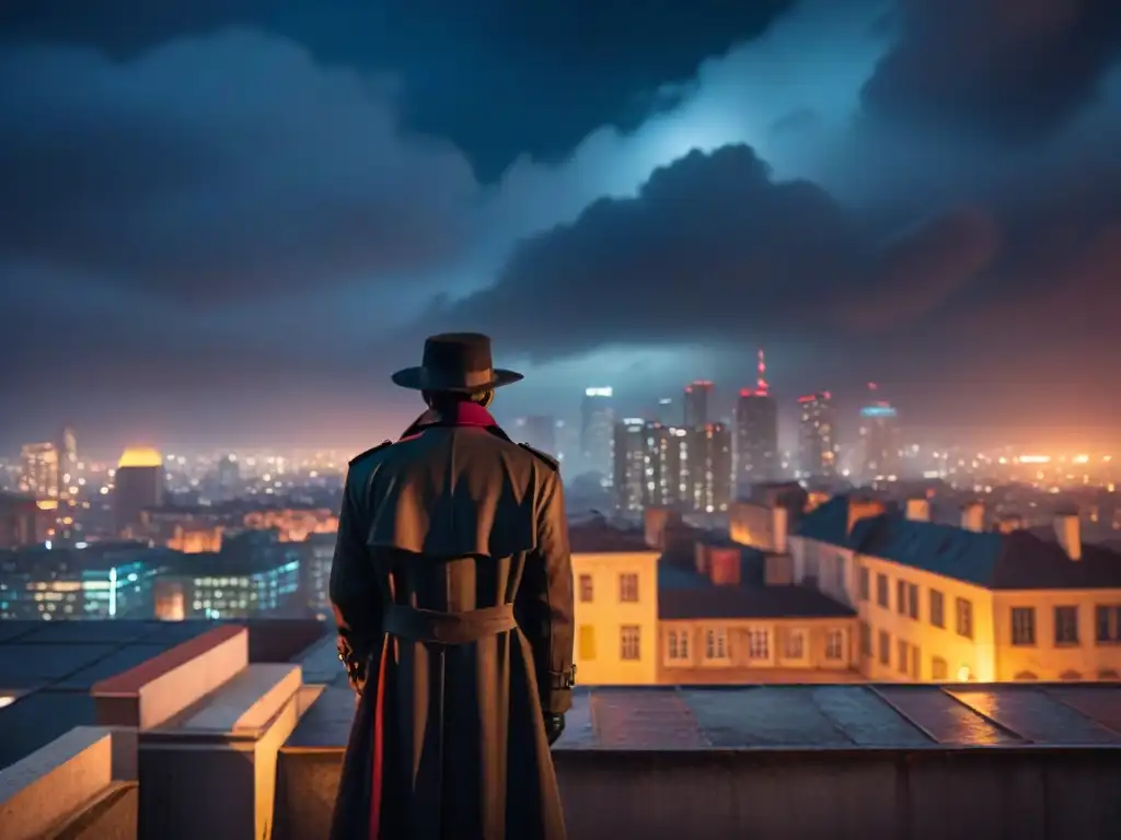 Un misterioso vigilante en un oscuro skyline gótico de noche en 'Vampire: The Masquerade'