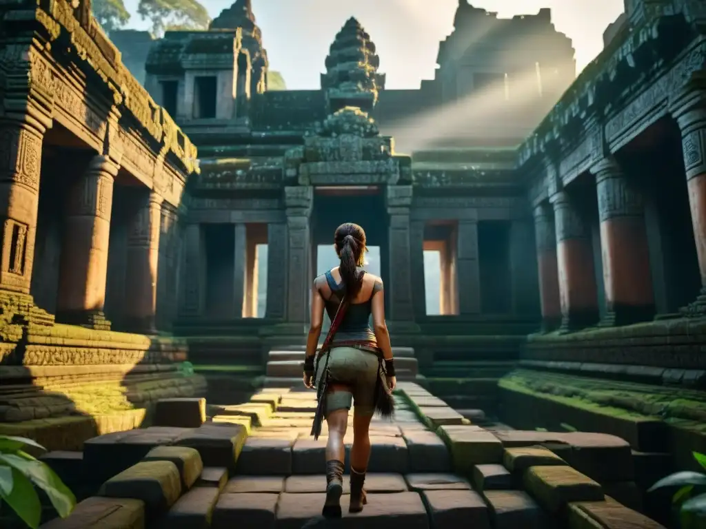 Explora la mística de Angkor Wat en Tomb Raider con Lara Croft desentrañando sus ruinas en penumbra