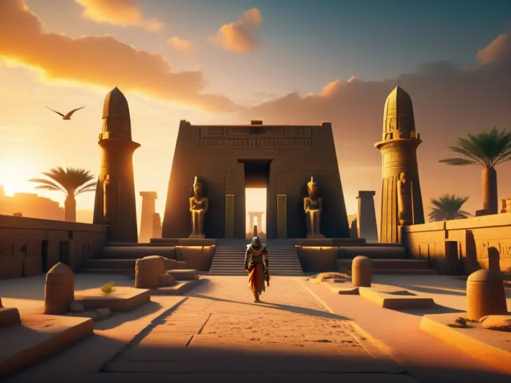 Exploración mística en videojuegos de mitologías egipcias ante el majestuoso Templo de Karnak al atardecer