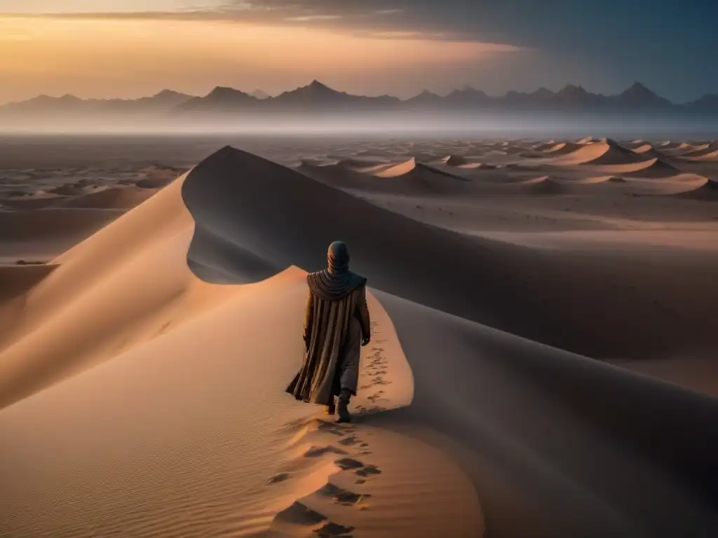 Un místico desierto de Dune: dunas iluminadas por la luna, figura en sombras y el poderoso gusano de arena