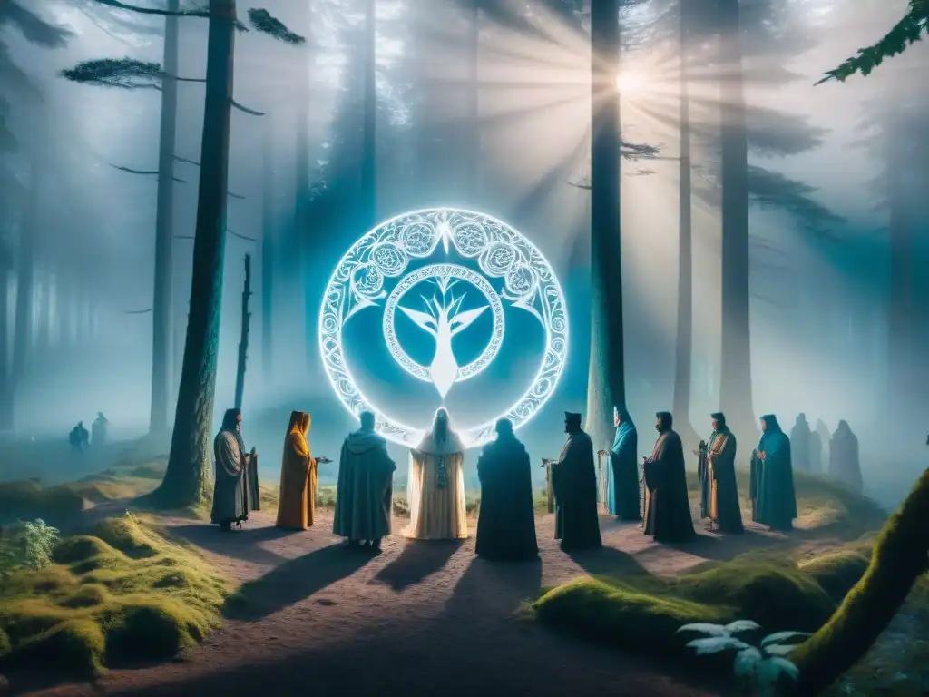 Un místico ritual en el claro de un bosque iluminado por la luna, donde invocan criaturas fantásticas de la mitología, rodeados de antiguos símbolos