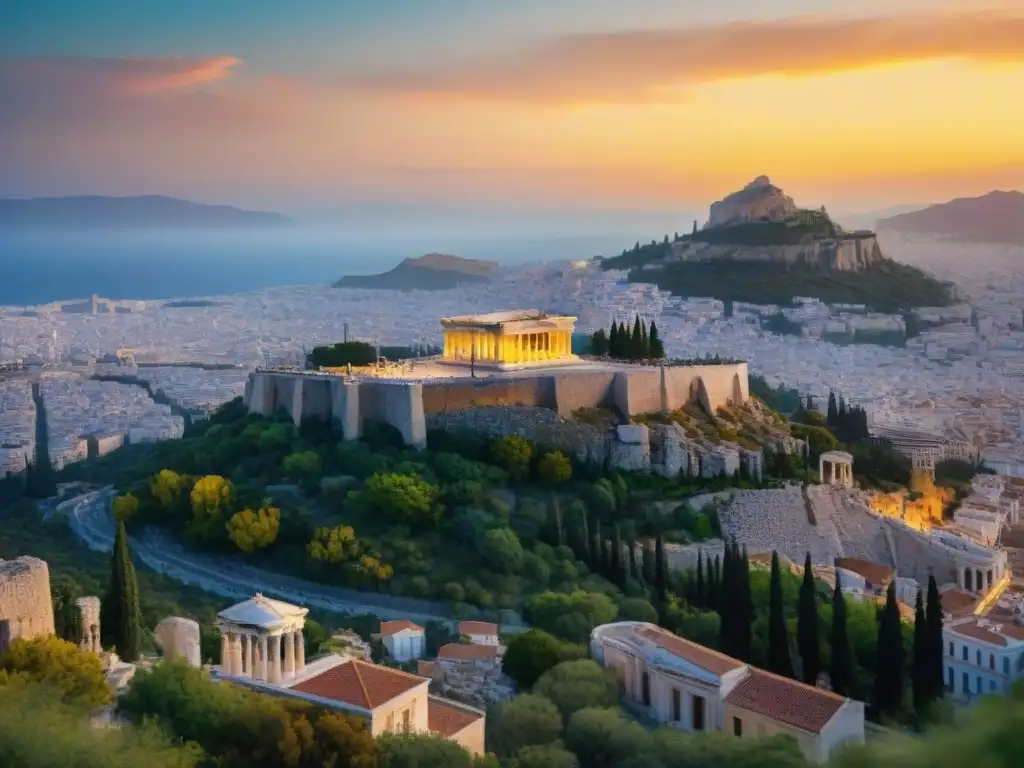 Exploración mítica de la Geografía Antigua Grecia: Atardecer en Atenas con la majestuosidad de la Acropolis iluminada por el sol