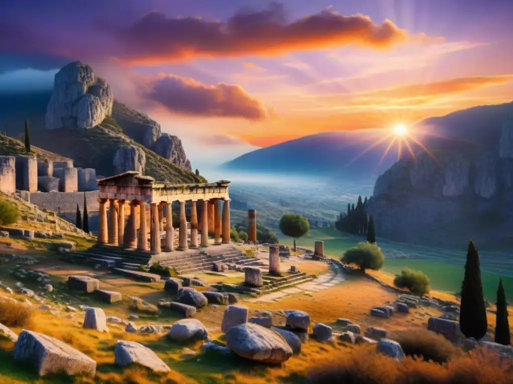 Geografía mítica de la antigua Grecia: atardecer majestuoso sobre ruinas de Delfos, templo de Apolo en silueta