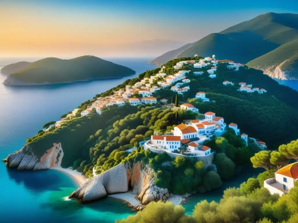 La mítica isla griega de Skopelos al atardecer, reflejando la belleza de la mitología griega en Mamma Mia