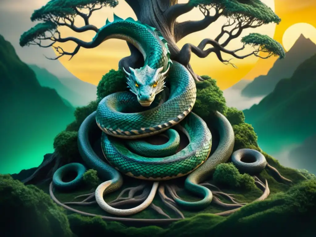 Criatura mítica de la mitología nórdica: Jormungandr, la Serpiente del Mundo, enroscada alrededor de Yggdrasil