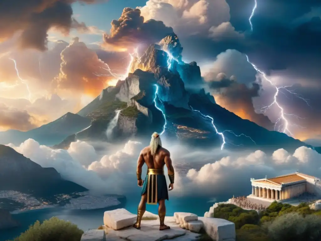 Transformación de la mitología griega en la actualidad: Zeus, Poseidón y Hades en el monte Olimpo, rodeados de tormentas y poder divino