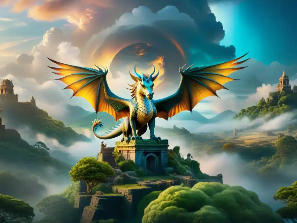 Ser mitológico fusionando dragón, fénix, unicornio y serpiente en paisaje místico