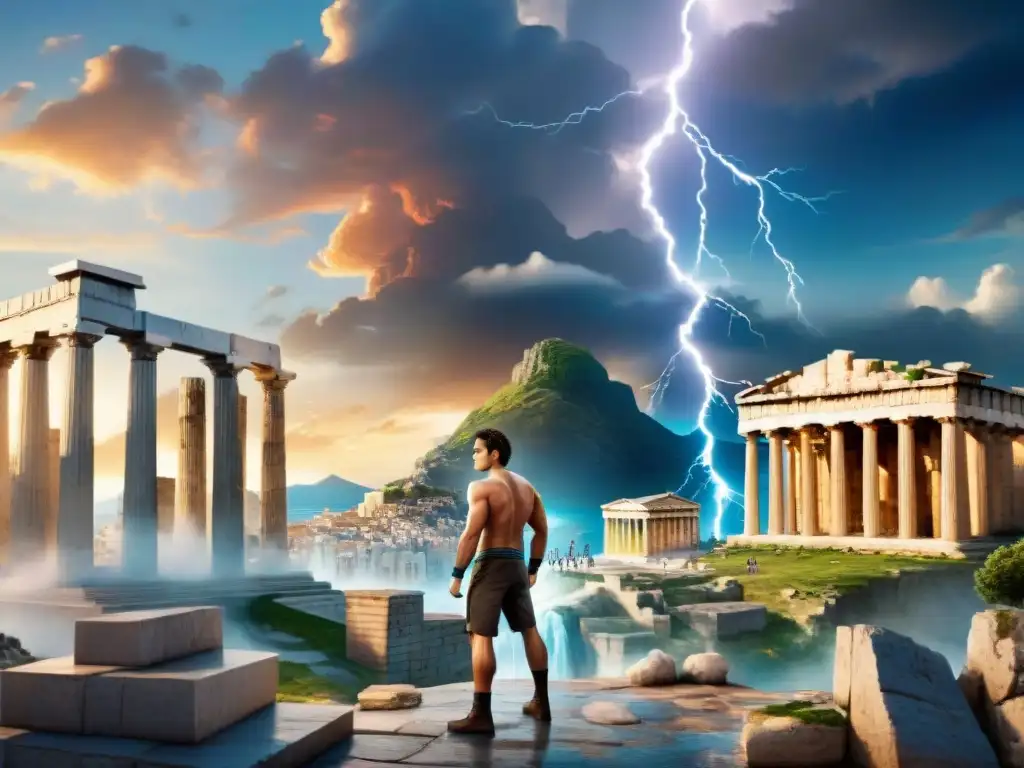 Reinterpretación de mitos griegos en Percy Jackson: dioses antiguos se mezclan con la modernidad urbana y el cielo iluminado por Zeus