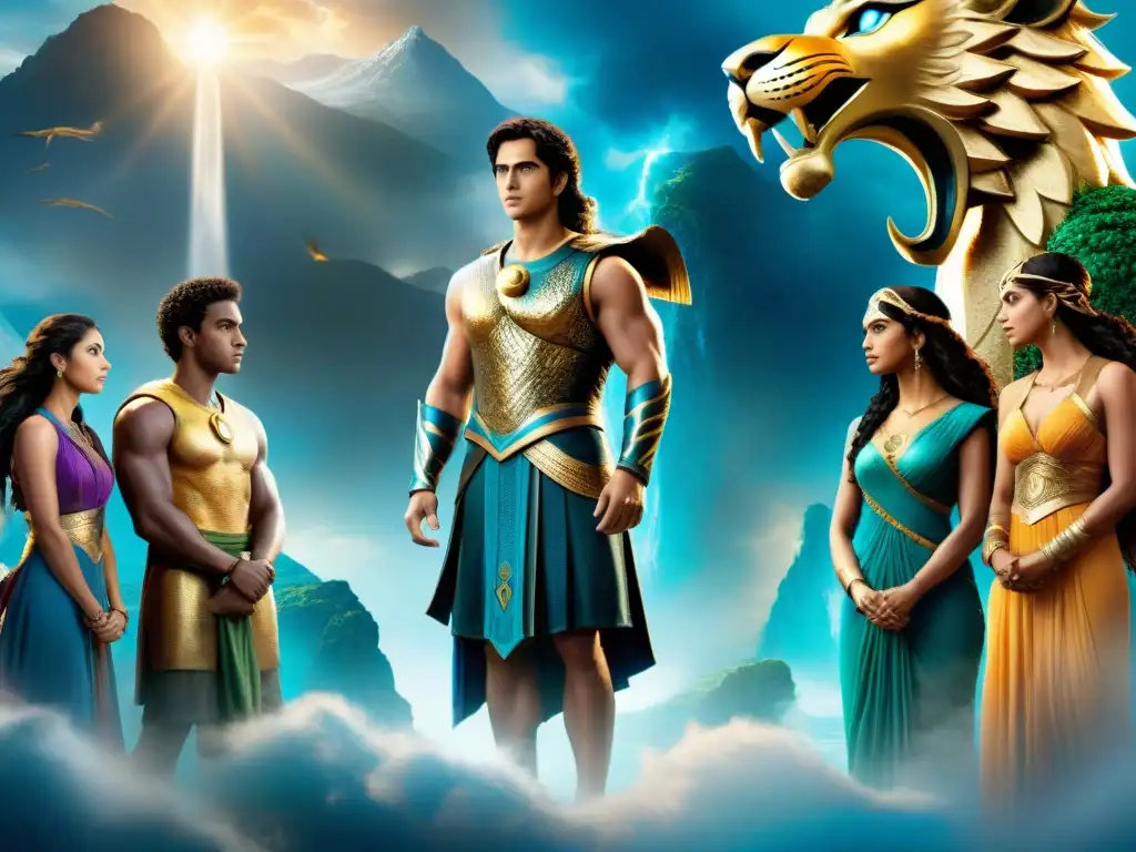 Reinterpretación de mitos en Percy Jackson: Zeus, Atenea y Medusa en versiones clásicas y modernas, con colores vibrantes y detalles detallados