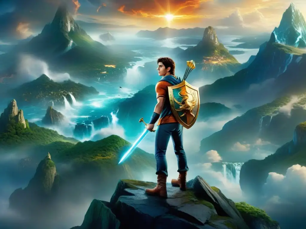 Reinterpretación de mitos en Percy Jackson: Percy en un paisaje mágico con criaturas y dioses, reflejando aventura épica