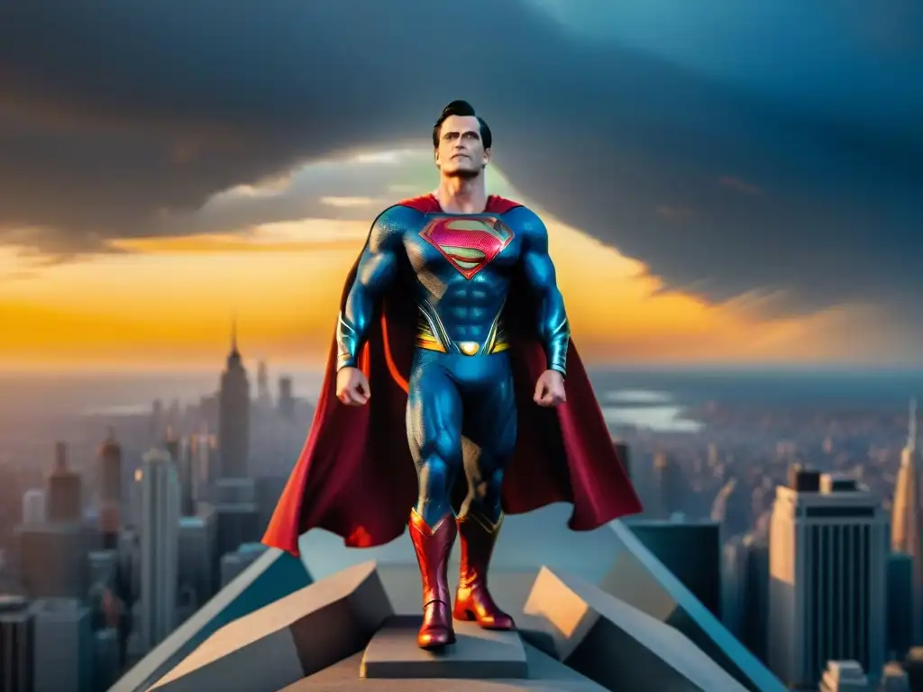 Superman, un moderno dios en películas de ficción, con su capa al viento al atardecer