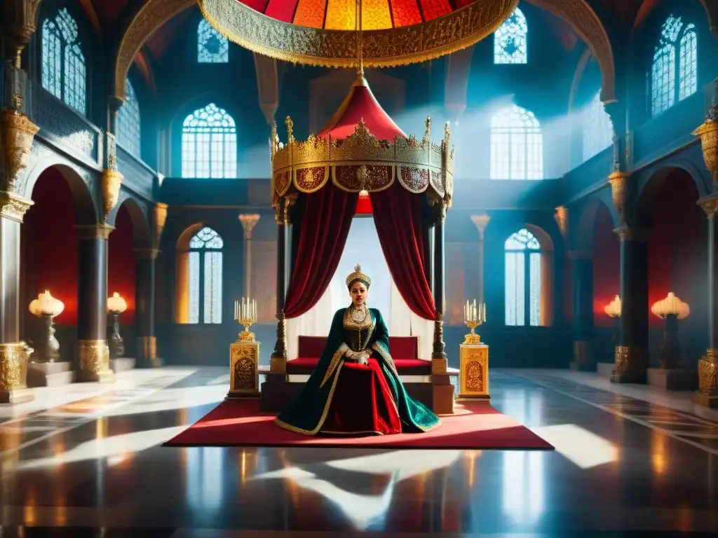 Monarquía Constitucional en La Reina Roja: Imponente sala del trono real con cortesanos en reverencia