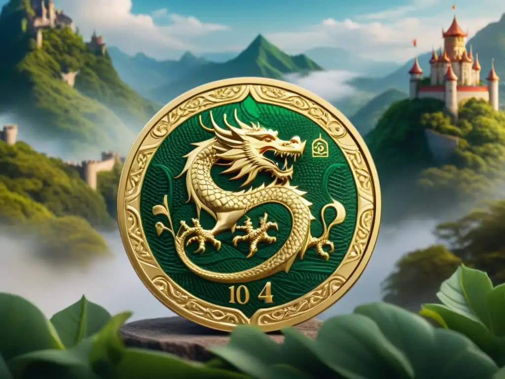 Moneda dorada detallada con un dragón y un castillo, evocando prosperidad y poder en un reino de fantasía