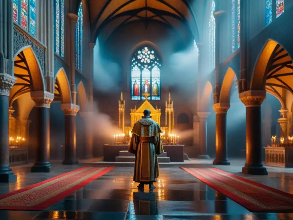 Un monje contempla la imponente catedral medieval iluminada por el atardecer, uniendo religión en El Código Da Vinci