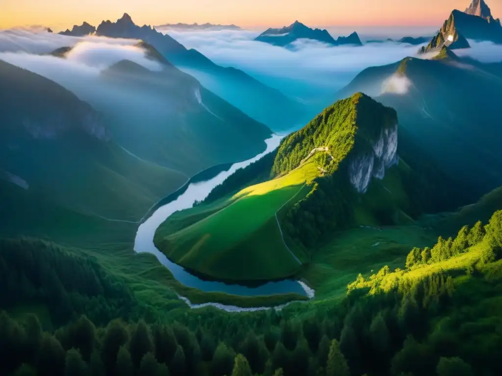 Al amanecer: montañas en la niebla y cascada oculta Montañas envueltas en niebla al amanecer con cascada, lago cristalino y valles verdes