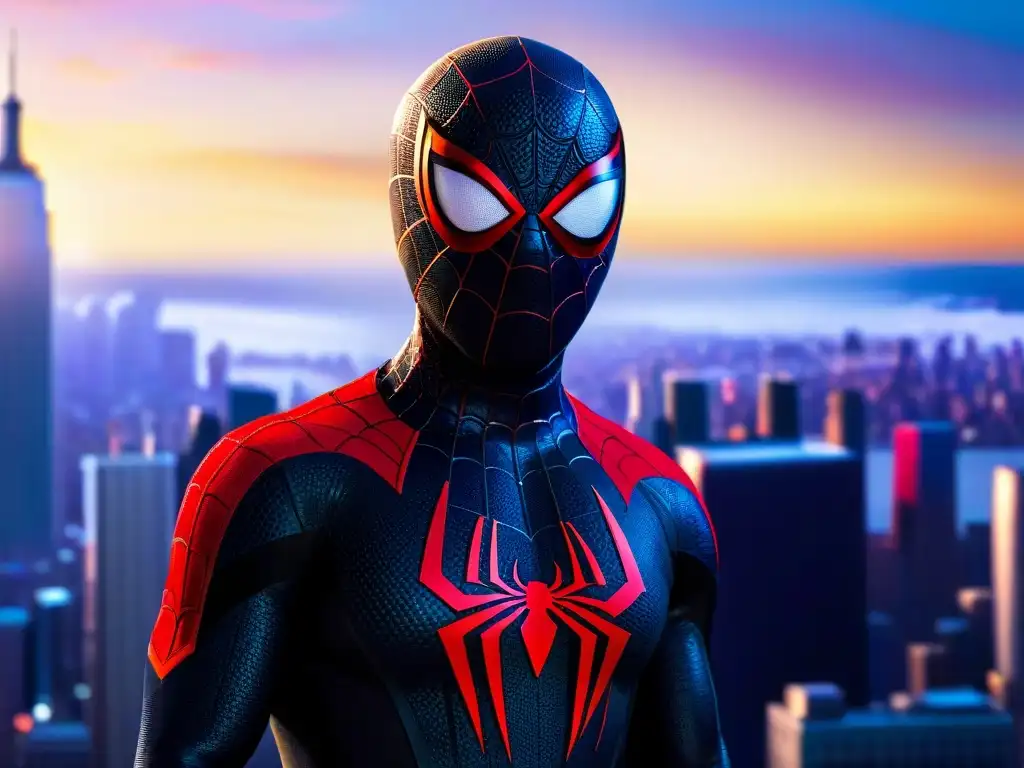 Miles Morales viste su traje de SpiderMan con la ciudad de Nueva York de fondo, mostrando los vibrantes colores y energía de 'SpiderMan: Into the SpiderVerse'