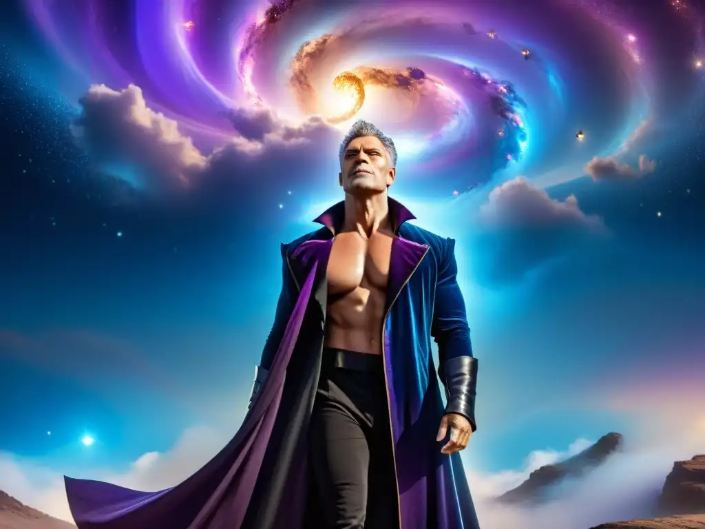 Morpheus, el Rey de los Sueños, en un paisaje onírico de galaxias y estrellas