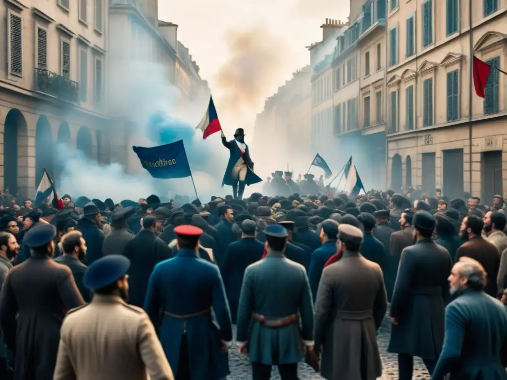 Multitud de revolucionarios marchando con banderas y pancartas en París, reflejando el poder en Los Miserables análisis