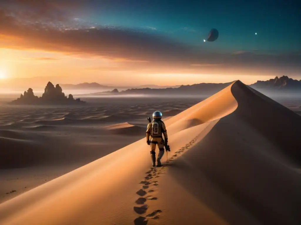 Un mundo alienígena desértico con dunas y una ciudad futurista en el horizonte, evocando la influencia de Dune en ciencia ficción