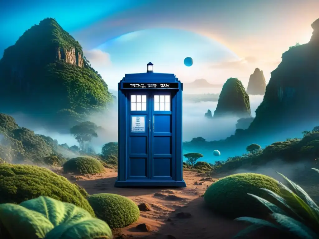 La TARDIS en un mundo alienígena vibrante, con bosque bioluminiscente y estructuras cristalinas