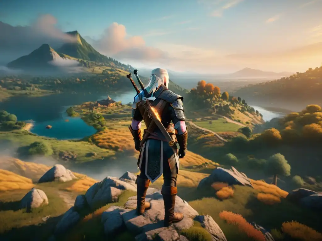 Un mundo de 'The Witcher 3' se despliega ante Geralt en un atardecer mágico, invitando a la exploración de mundos ficticios profundos