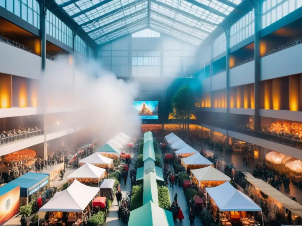 Un mundo de fantasía en convención con stands de merchandising personalizado de mundos ficticios, cosplayers y fans emocionados