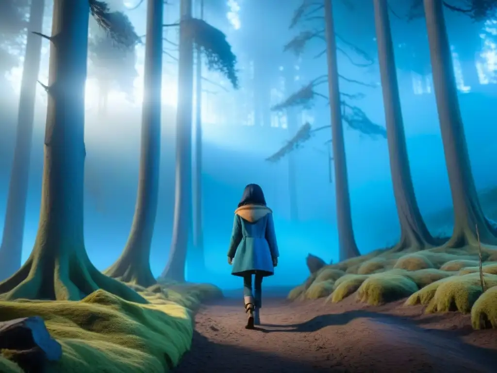 Explora el mundo de Coraline en un bosque misterioso, iluminado por luces azules, con la Otra Madre acechando en las sombras