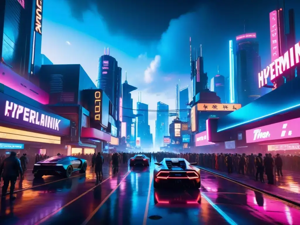 Un mundo cyberpunk vibrante y decadente, lleno de luces neón, rascacielos futuristas y personajes diversos